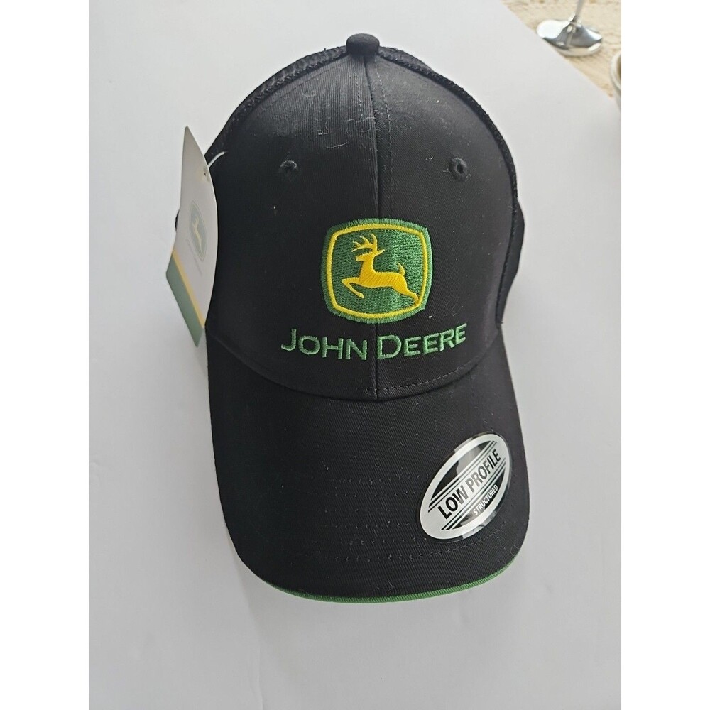 John Deere Black Chino Mesh Low Profile Structured Trucker Snapback Cap Hat NWT